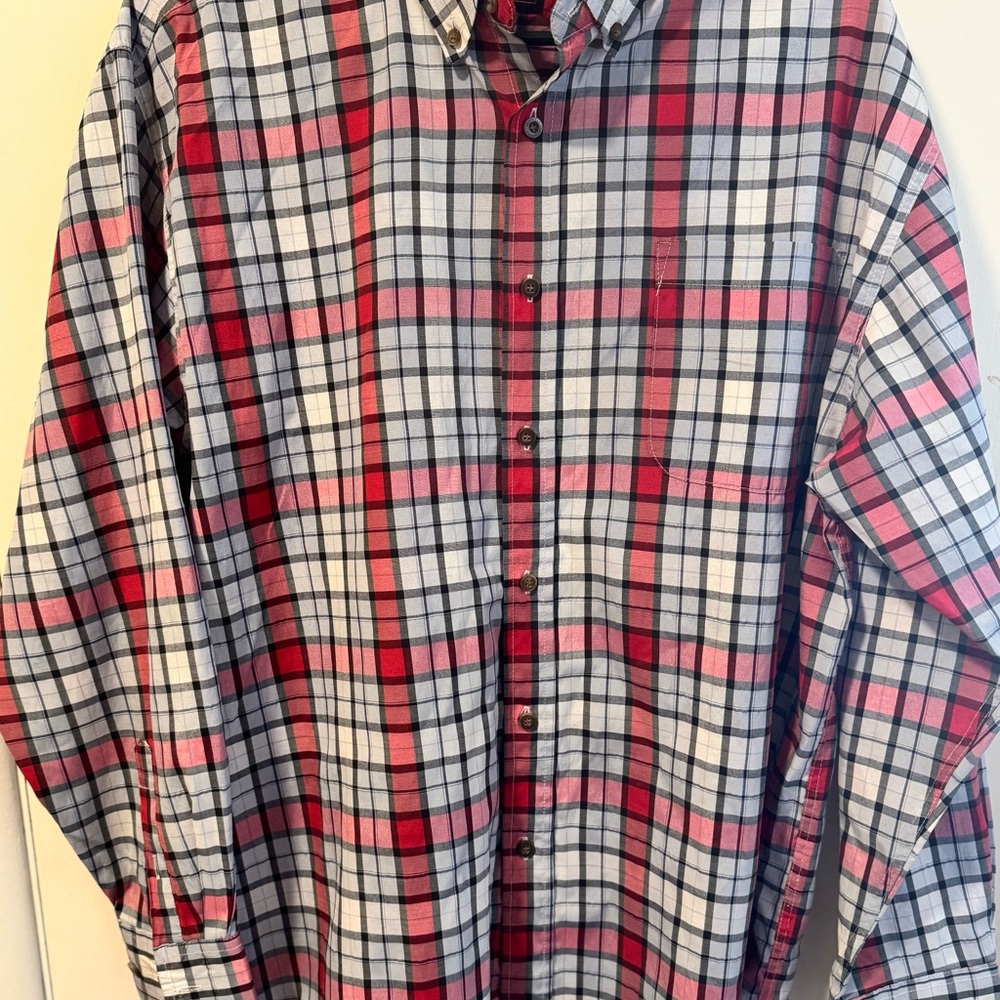 Architect Dress Shirt Mens LG Red Blue White Plaid Measurements In Description